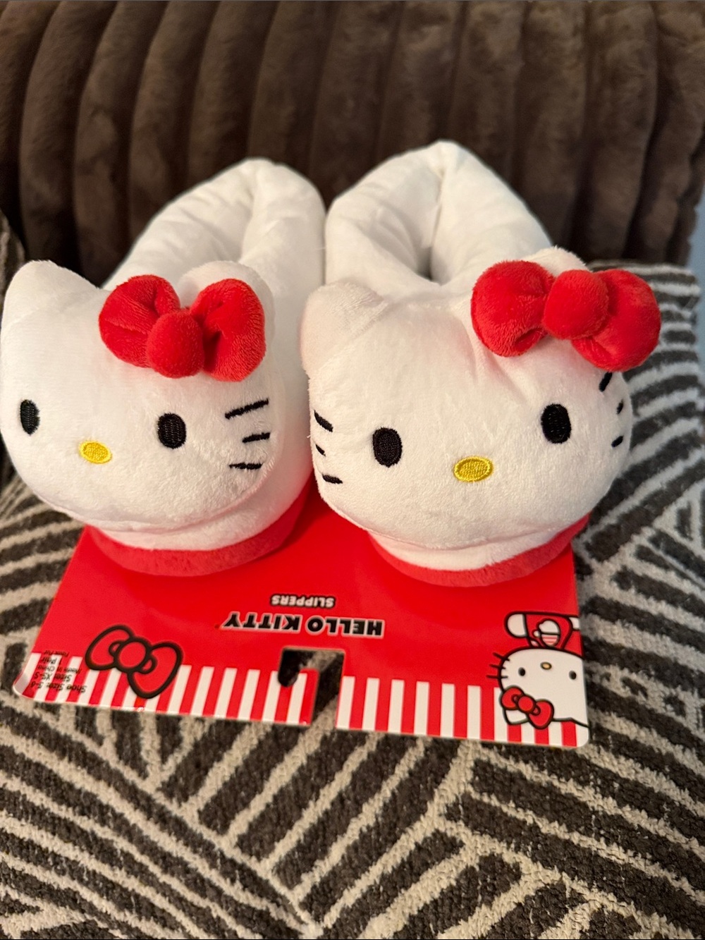 Hello Kitty White Plush Slippers with Red Bows